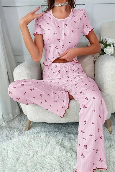 Bella Notte Pembe Kiraz Desenli Düğme Detaylı Pijama Takımı 77159