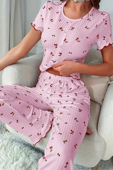 Bella Notte Pembe Kiraz Desenli Düğme Detaylı Pijama Takımı 77159