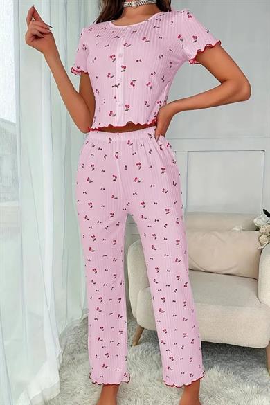 Bella Notte Pembe Kiraz Desenli Düğme Detaylı Pijama Takımı 77159