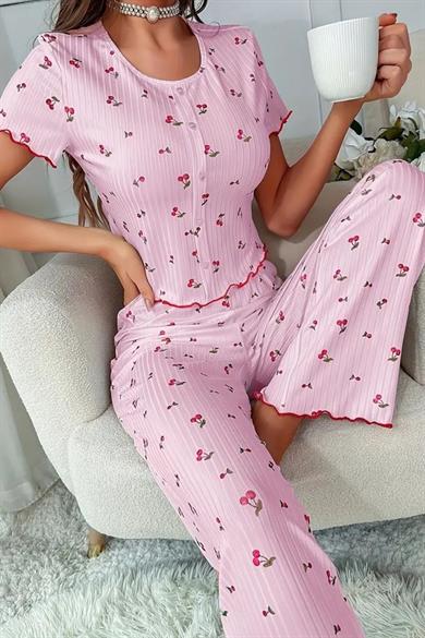 Bella Notte Pembe Kiraz Desenli Düğme Detaylı Pijama Takımı 77159