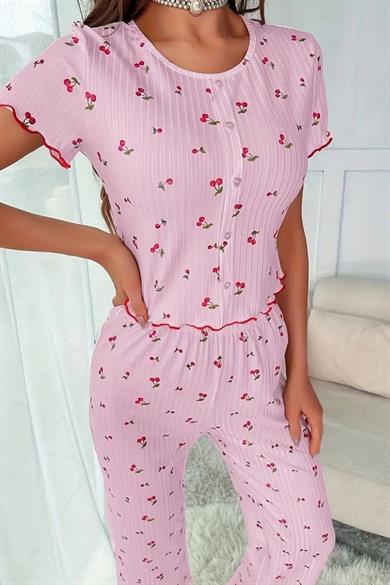 Bella Notte Pembe Kiraz Desenli Düğme Detaylı Pijama Takımı 77159