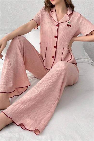Bella Notte Pembe Kiraz Detaylı Cepli Pijama Takımı 7329