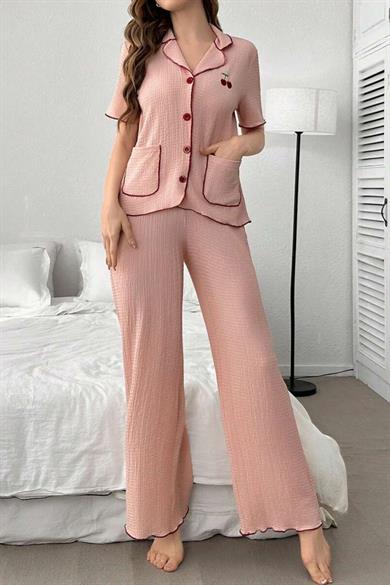 Bella Notte Pembe Kiraz Detaylı Cepli Pijama Takımı 7329