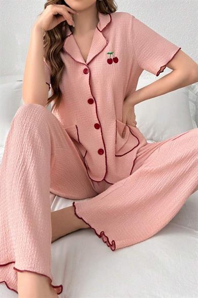 Bella Notte Pembe Kiraz Detaylı Cepli Pijama Takımı 7329