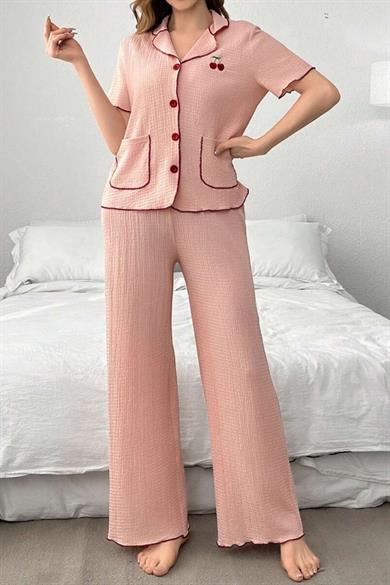Bella Notte Pembe Kiraz Detaylı Cepli Pijama Takımı 7329