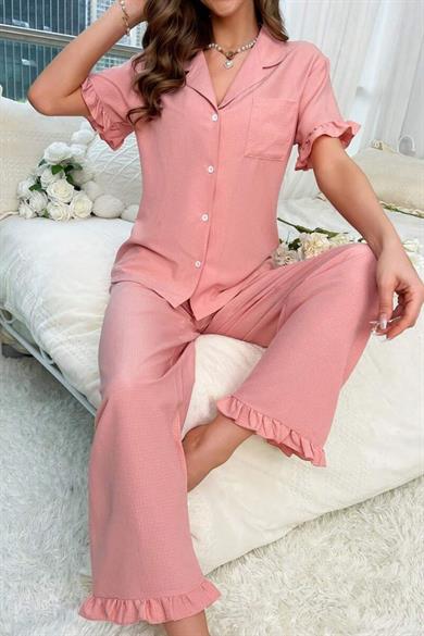 Bella Notte Pembe Kruvaze Yaka Fırfır Detaylı Pijama Takımı 7361