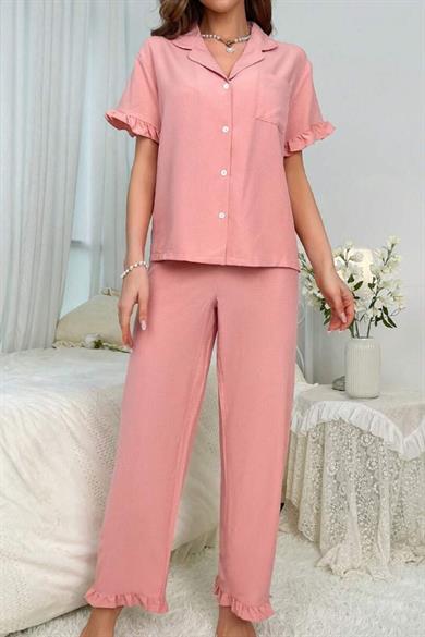 Bella Notte Pembe Kruvaze Yaka Fırfır Detaylı Pijama Takımı 7361