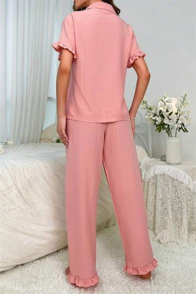 Bella Notte Pembe Kruvaze Yaka Fırfır Detaylı Pijama Takımı 7361