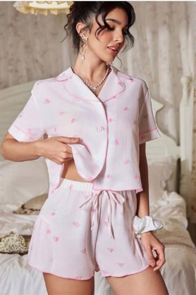 Bella Notte Pembe Minimal Model Düğmeli Crop Şort Takım 7795