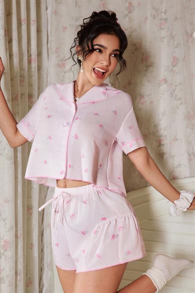 Bella Notte Pembe Minimal Model Düğmeli Crop Şort Takım 7795