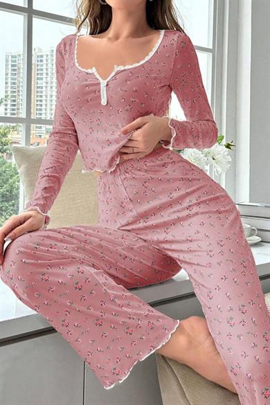 Bella Notte Pembe Pamuklu Çiçekli Pijama Takımı 77179