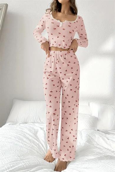 Bella Notte Pembe Pamuklu Kiraz Desenli Pijama Takımı 77153