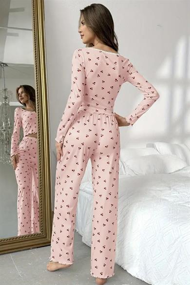 Bella Notte Pembe Pamuklu Kiraz Desenli Pijama Takımı 77153