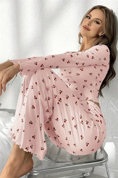 Bella Notte Pembe Pamuklu Kiraz Desenli Pijama Takımı 77153