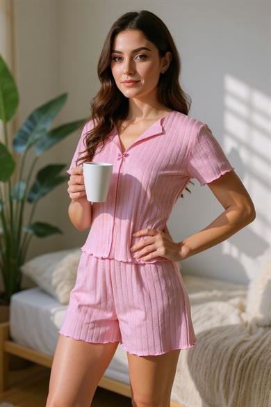 Bella Notte Pembe Pamuklu Kısa Kollu Şortlu Pijama Takımı 7739