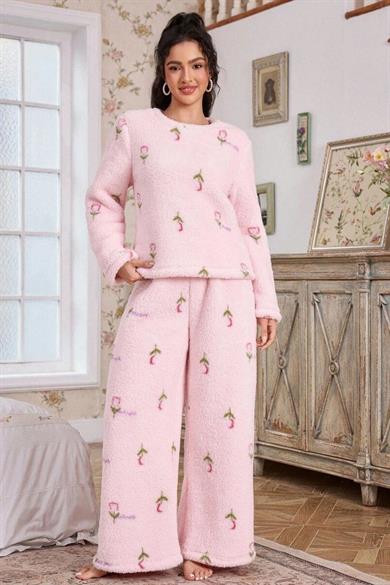 Bella Notte Pembe Pamuklu Peluş Pijama Takımı 77161