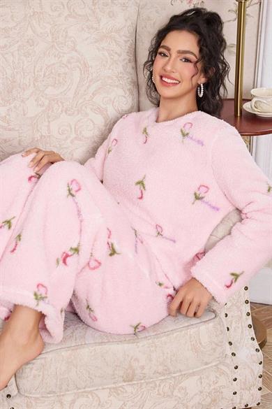 Bella Notte Pembe Pamuklu Peluş Pijama Takımı 77161