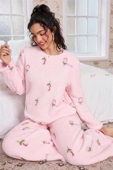 Bella Notte Pembe Pamuklu Peluş Pijama Takımı 77161