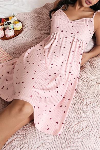 Bella Notte Pembe Sevimli Kalp Desenli Volan Askılı A Kesim Gecelik 15961