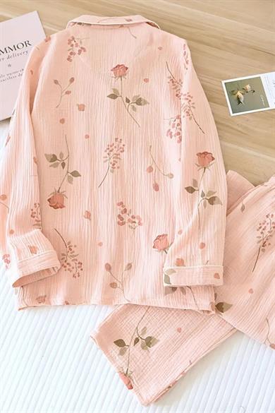 Bella Notte Pembe Sonbahar Çiçekleri Baskılı Pijama Takımı 7397