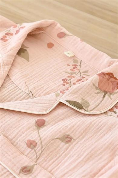 Bella Notte Pembe Sonbahar Çiçekleri Baskılı Pijama Takımı 7397