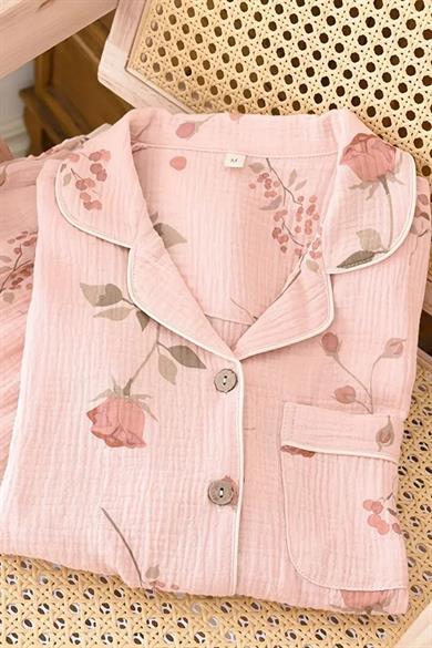 Bella Notte Pembe Sonbahar Çiçekleri Baskılı Pijama Takımı 7397