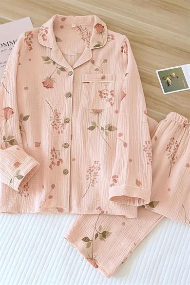 Bella Notte Pembe Sonbahar Çiçekleri Baskılı Pijama Takımı 7397