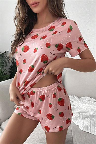 Bella Notte Pink Tropical Strawberry Patterned Shorts Set 7535