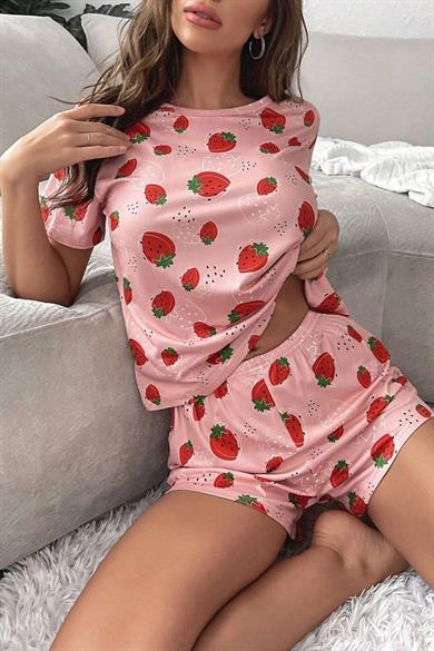 Bella Notte Pink Tropical Strawberry Patterned Shorts Set 7535