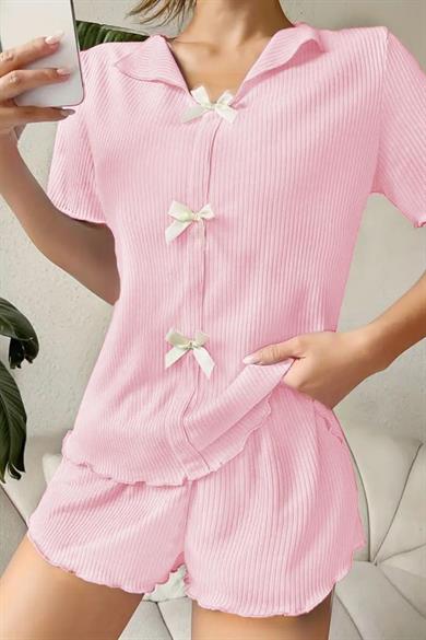 Bella Notte Pembe V Yaka Pamuklu Fiyonk Detaylı Pijama Takımı 7713