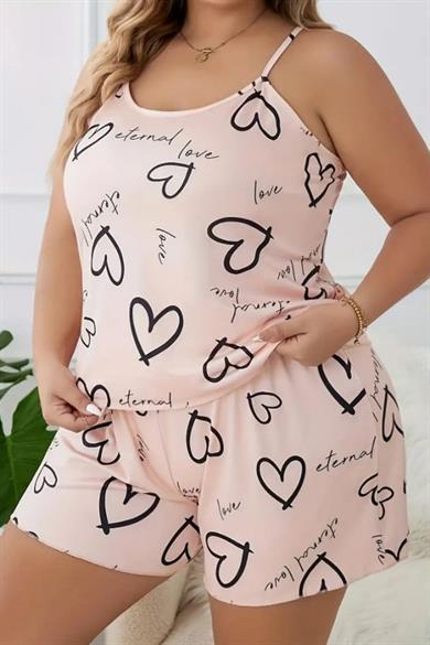 Bella Notte Powder Plus Size Hearts Patterned Shorts Set  7544