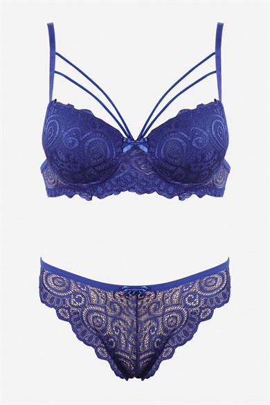 Bella Notte Saxe Blue Lace Double Rope Detailed Stylish Bra Set 19009