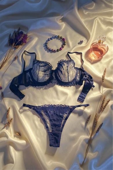 Bella Notte Saks Mavisi Dantel Detaylı Sütyen Takımı 19026