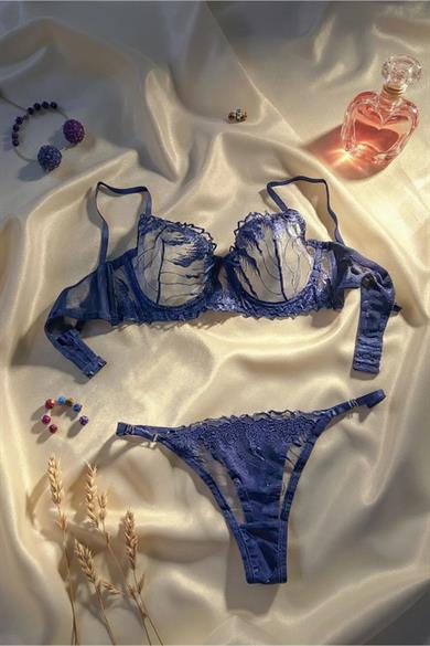 Bella Notte Saks Mavisi Dantel Detaylı Sütyen Takımı 19026
