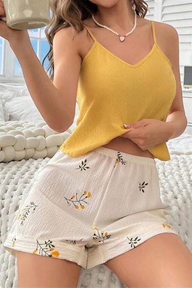Bella Notte Sarı Bahar Dalı Yaprakları Ev İçi Şort Takım 7717