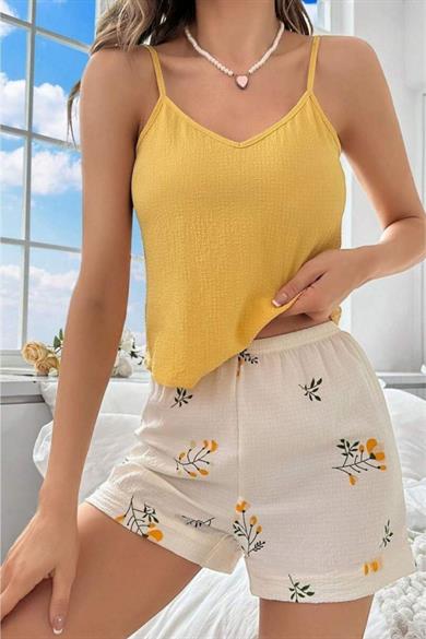 Bella Notte Sarı Bahar Dalı Yaprakları Ev İçi Şort Takım 7717