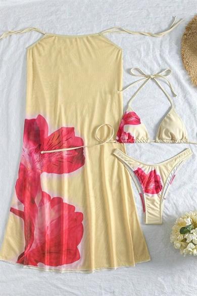 Bella Notte Sarı Çiçek Detaylı Pareolu 3 Parça Bikini Takımı M-9021