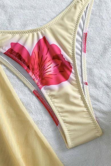 Bella Notte Sarı Çiçek Detaylı Pareolu 3 Parça Bikini Takımı M-9021