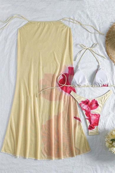 Bella Notte Sarı Çiçek Detaylı Pareolu 3 Parça Bikini Takımı M-9021