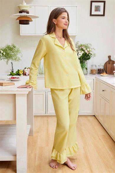 Bella Notte Sarı Fırfır Detaylı Pijama Takımı 77169