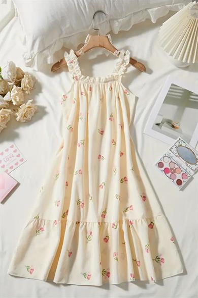 Bella Notte Sarı Lale Desenli Gecelik Elbise 35525