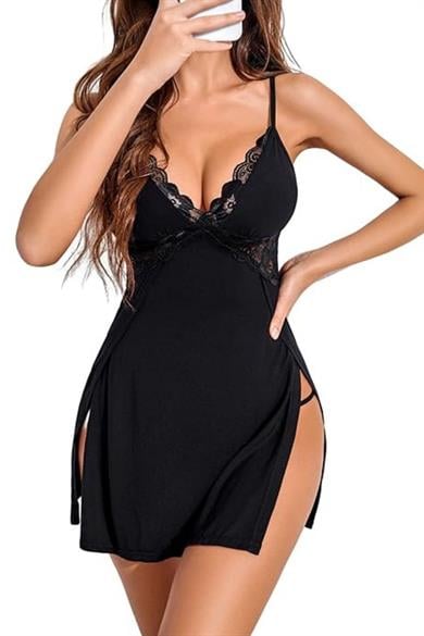 Bella Notte Black Strap Slit Detailed Nightgown 15543