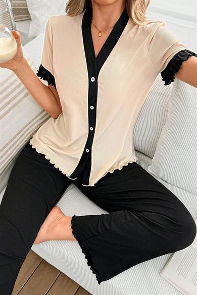 Bella Notte Siyah-Bej Düğmeli Kısa Kollu Pijama Takım 7389