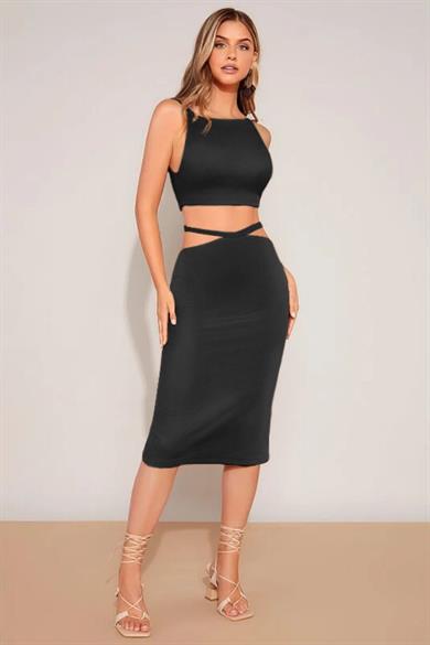 Bella Notte Black Waist Rope Detailed Skirt Crop Set BN6575S
