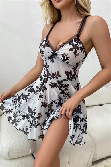 Bella Notte Black and White Patterned Strappy Nightgown 15701