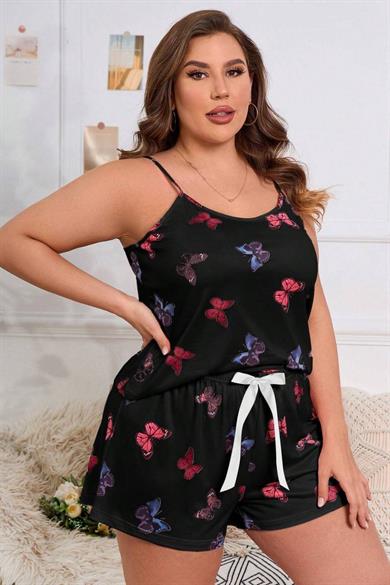 Bella Notte Black Plus Size Butterfly Patterned Shorts Set 7541