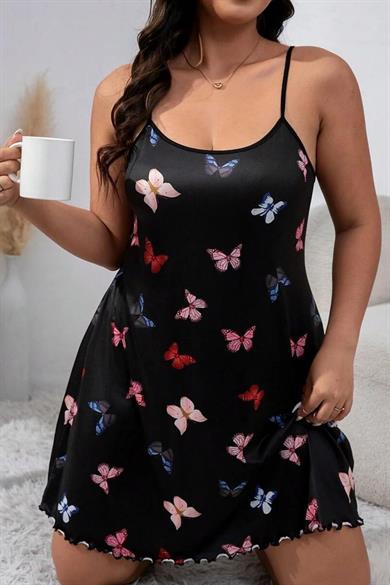 Bella Notte Black Plus Size Butterfly Patterned Nightgown 15723