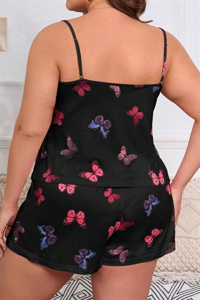 Bella Notte Black Plus Size Butterfly Patterned Shorts Set 7541
