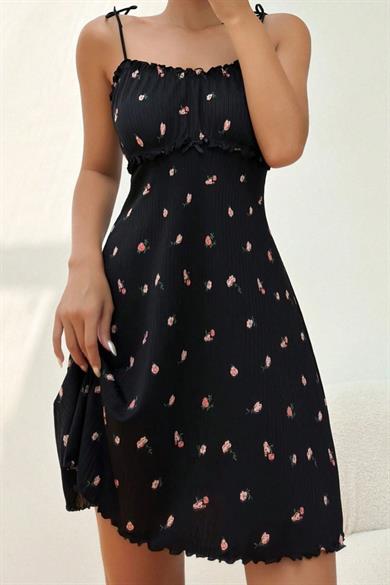 Bella Notte Black Floral Patterned Strappy Mini Nightgown 15773