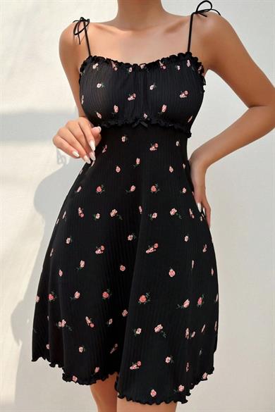 Bella Notte Black Floral Patterned Strappy Mini Nightgown 15773